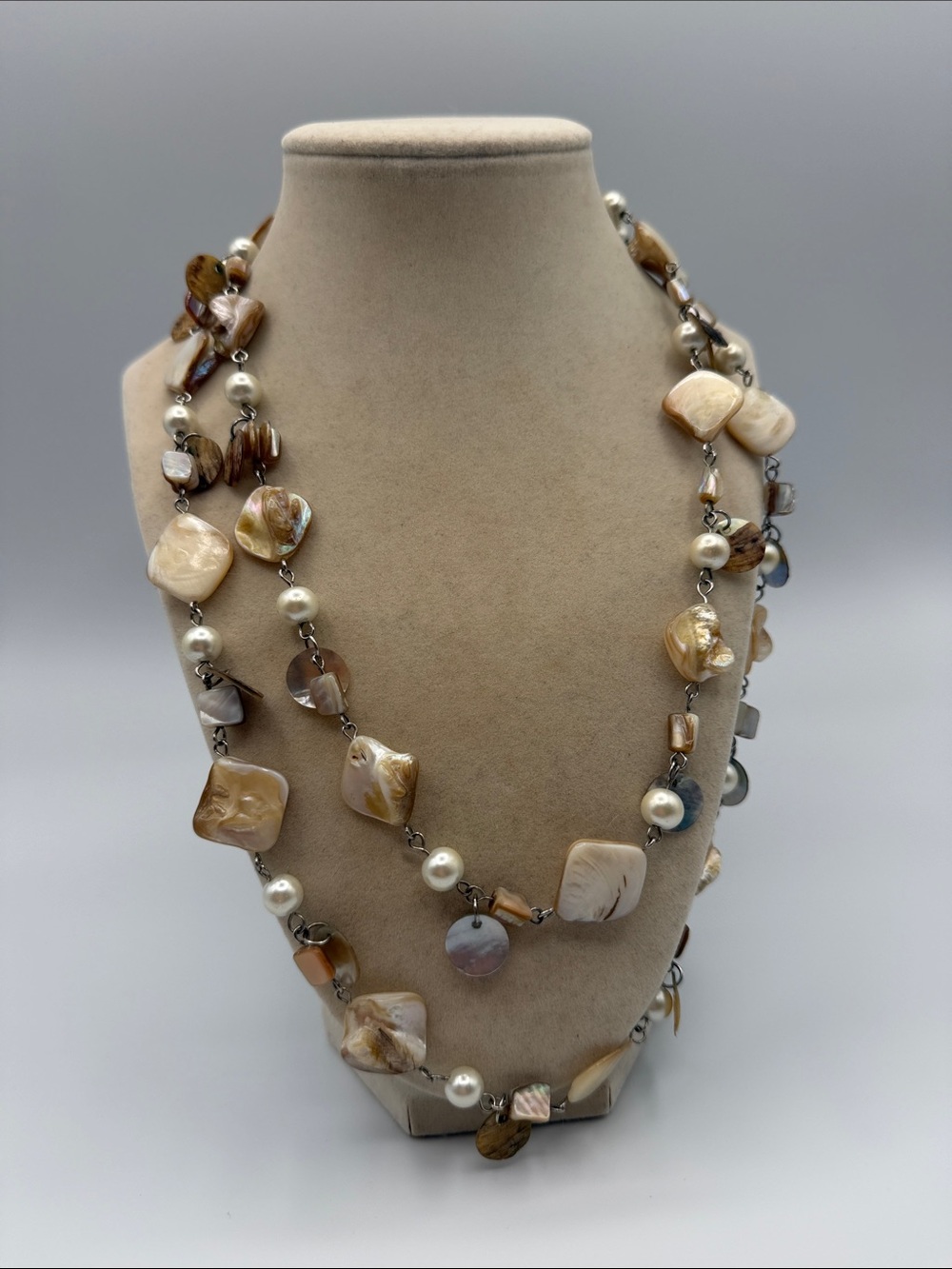 Multi-Strand Cream and Tan Shell & Pearl Necklace